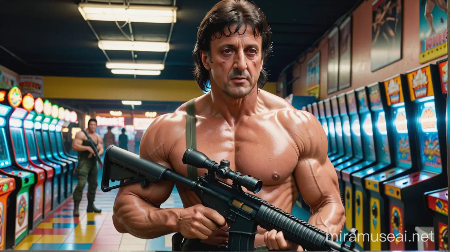 John Rambo tenant un fusil dans une main, et une mitraillette dans une autre, en regardant vers la caméra, au milieu d'une salle d'arcade, torse nu