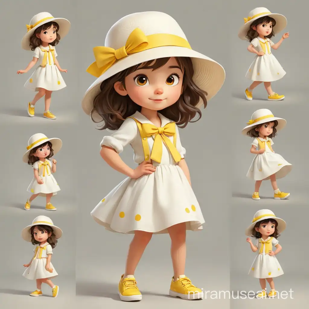 children illustration book style, beautiful little girl, white hat, yellow shoes, multiple posses, no outlines