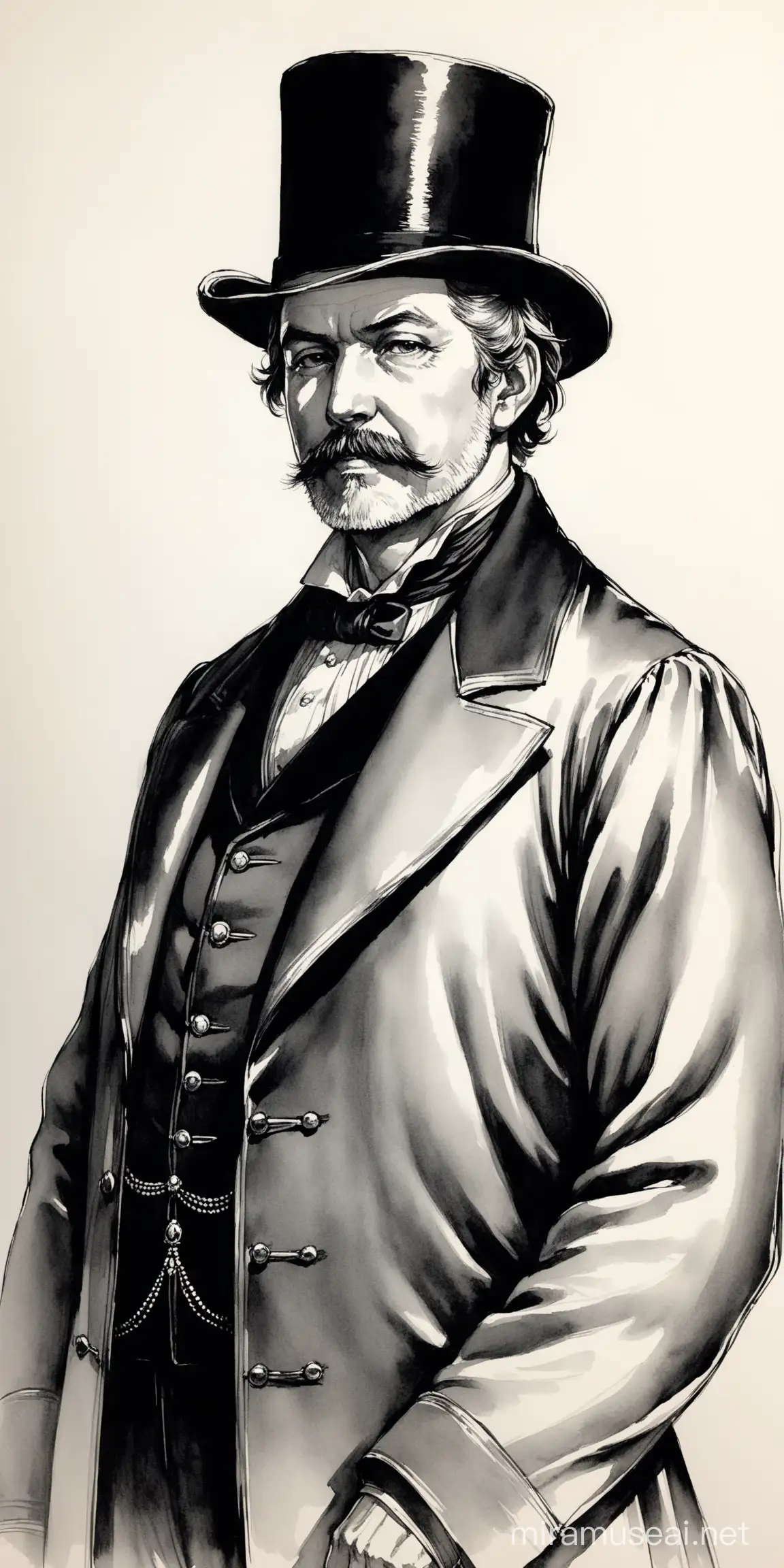 mature noble man, victorian age, ink painting, black and white