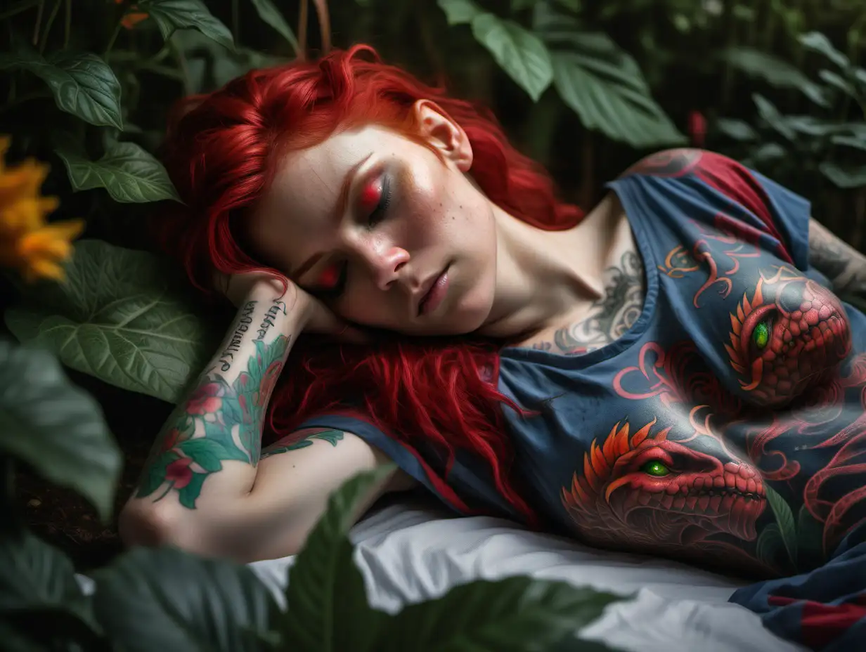 ultra-realistic high resolution and highly detailed photograph of a draconic human female, with red hair, red eyes, draconic tattoos and a colourful nightgown, sleeping in a beautiful garden