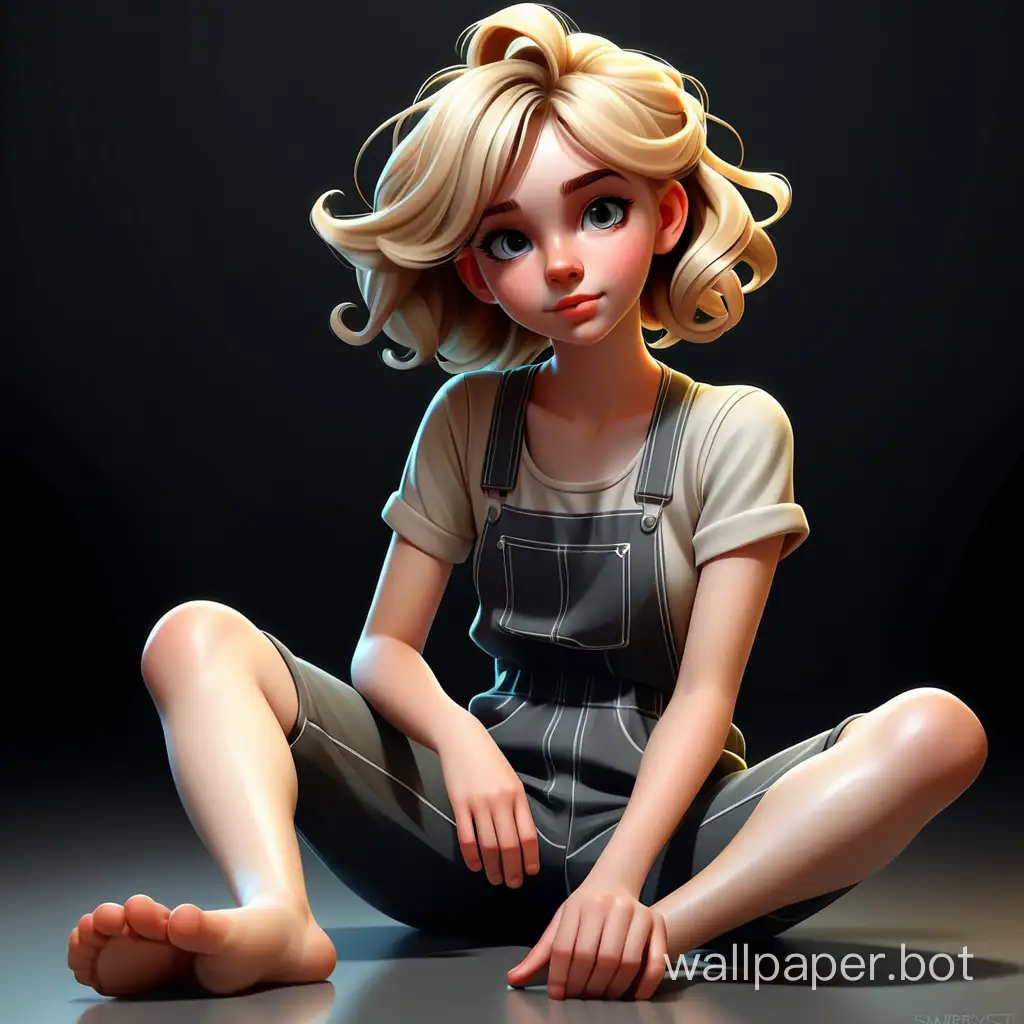 Realistic aesthetically pleasing Character - Cute playful Girl 18 years old with light hair, styled in a hairstyle, sitting on the floor. Detailed reflecting eyes, clothing - summer jumpsuit - detailed. Everything is proportional anatomically and geometrically especially hands and legs. Sharpness. Soft colors, hyper detailing, black background.