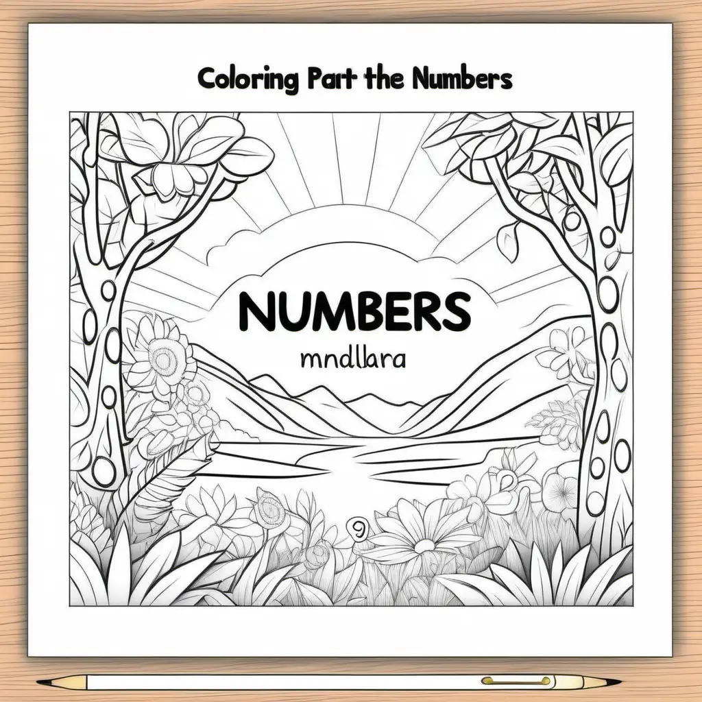 Coloring page for kids, Draw the word "Numbers", clean line art, include beautiful mandela nature background