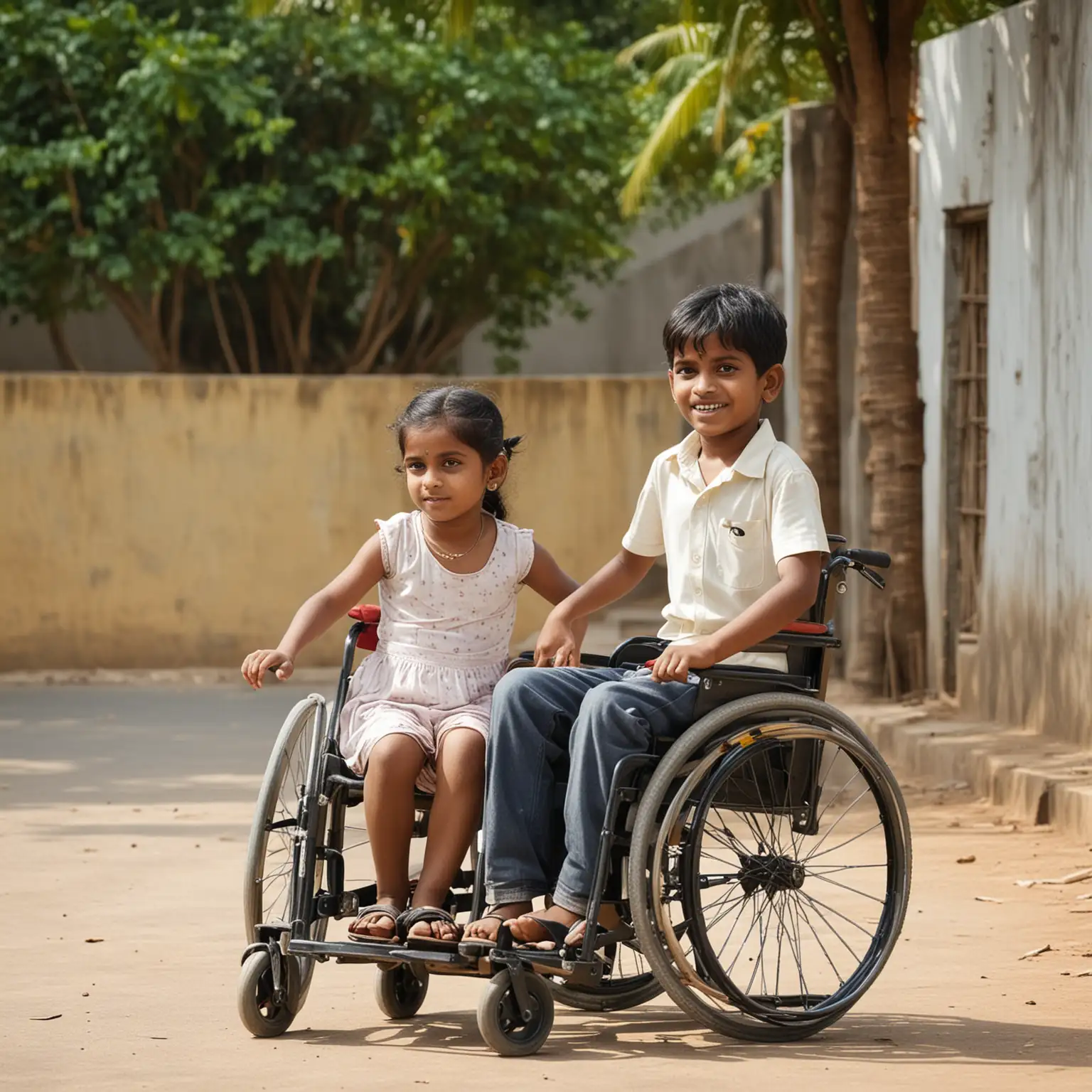 physically disabled south indian small girl and boy playing wheelchair