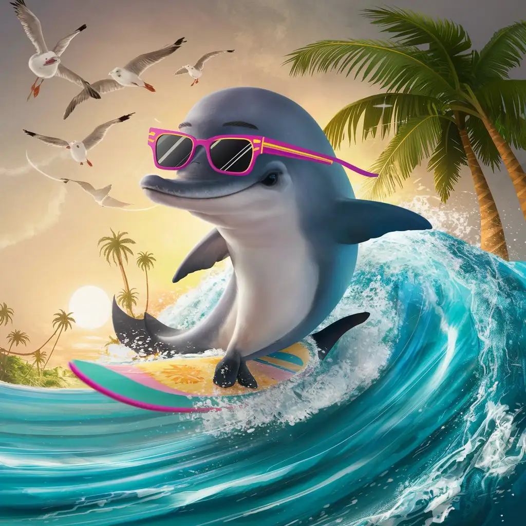 Dolphin with sunglasses on a surfboard surfing a wave