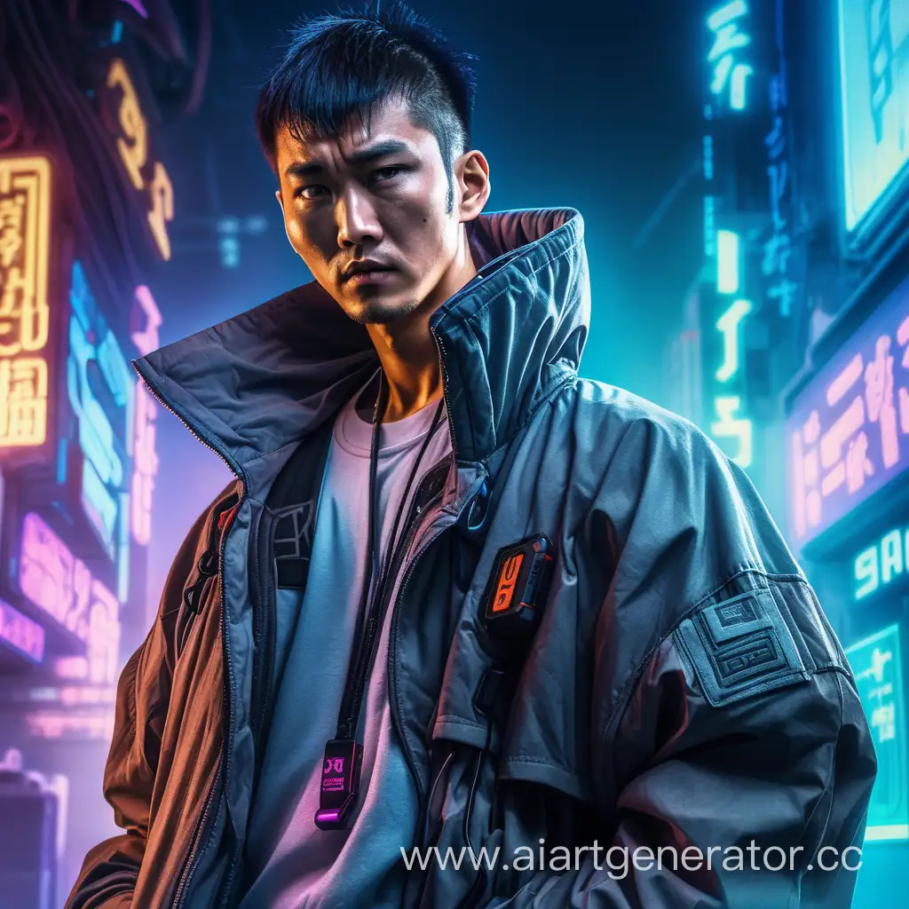 Asian man cyberpunk style blade runner in baggy clothes who knows chemistry