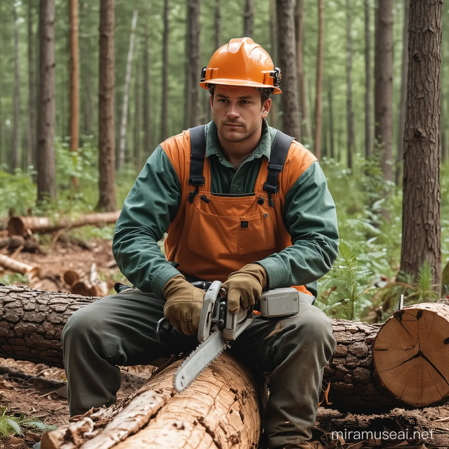 generate the photo of a forest worker sitting with the back straight, two hands below shoulder level and using a chainsaw to cut a log.
