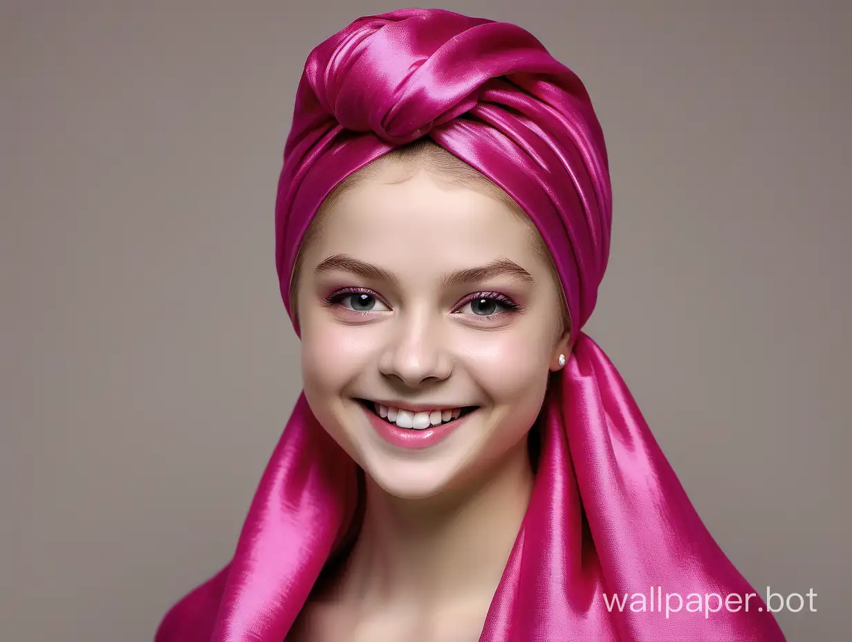 Sweet Yulia Lipnitskaya smiles with long straight silky hair in long Beautiful, gentle, Luxurious glamour natural pink fuchsia mulberry silk with pink silk towel turban