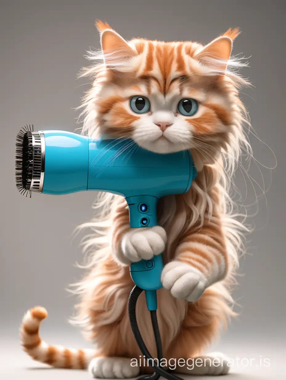 A cat with human hair holding a hairdryer in its paws