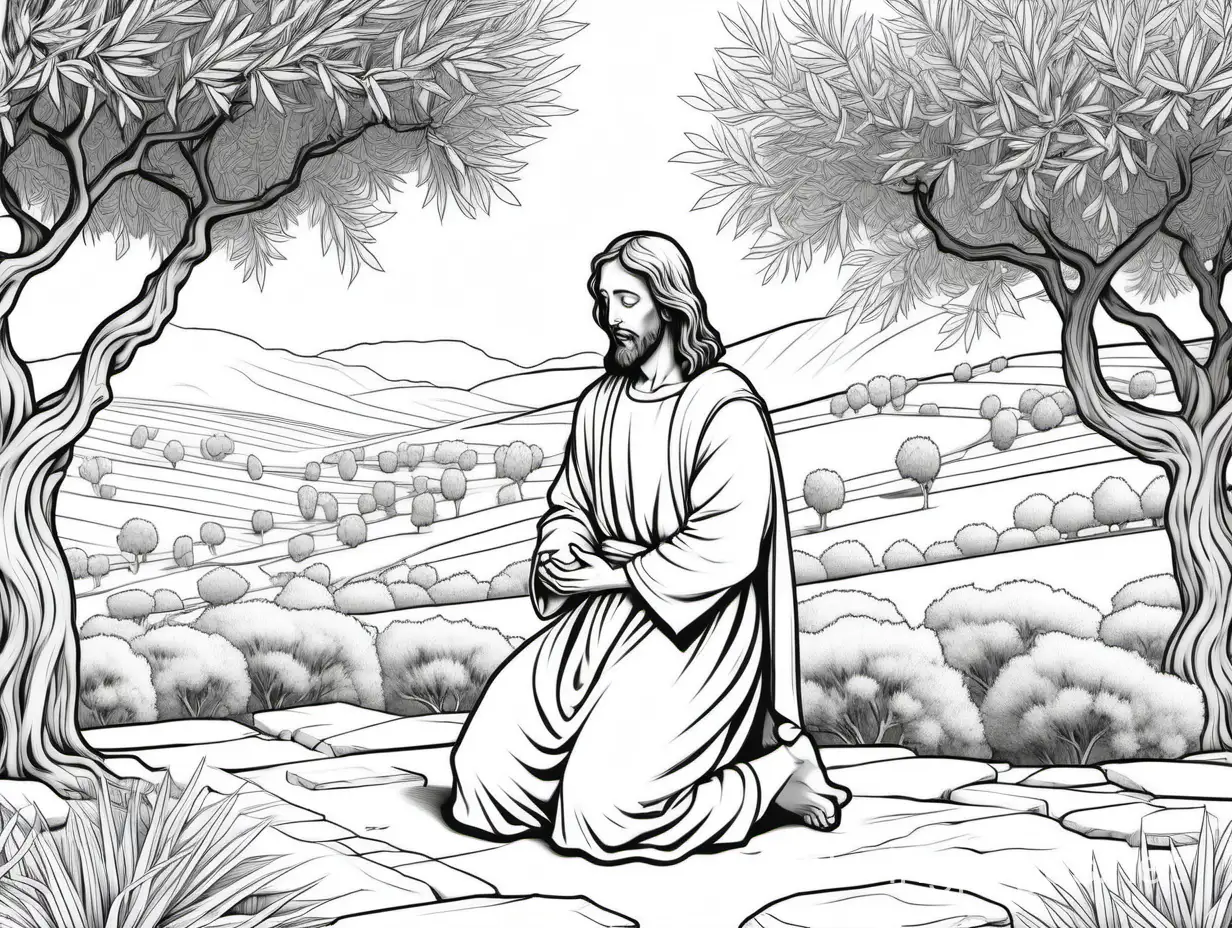 Jesus kneeling in prayer, with a backdrop of ancient olive trees in the garden. Coloring Page, black and white, line art, white background, Simplicity, Ample White Space. The background of the coloring page is plain white to make it easy for young children to color within the lines. The outlines of all the subjects are easy to distinguish, making it simple for kids to color without too much difficulty, Coloring Page, black and white, line art, white background, Simplicity, Ample White Space. The background of the coloring page is plain white to make it easy for young children to color within the lines. The outlines of all the subjects are easy to distinguish, making it simple for kids to color without too much difficulty