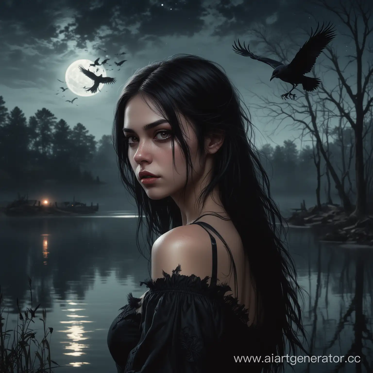 DemonicGaze-Girl-with-Crow-by-Moonlit-Lake