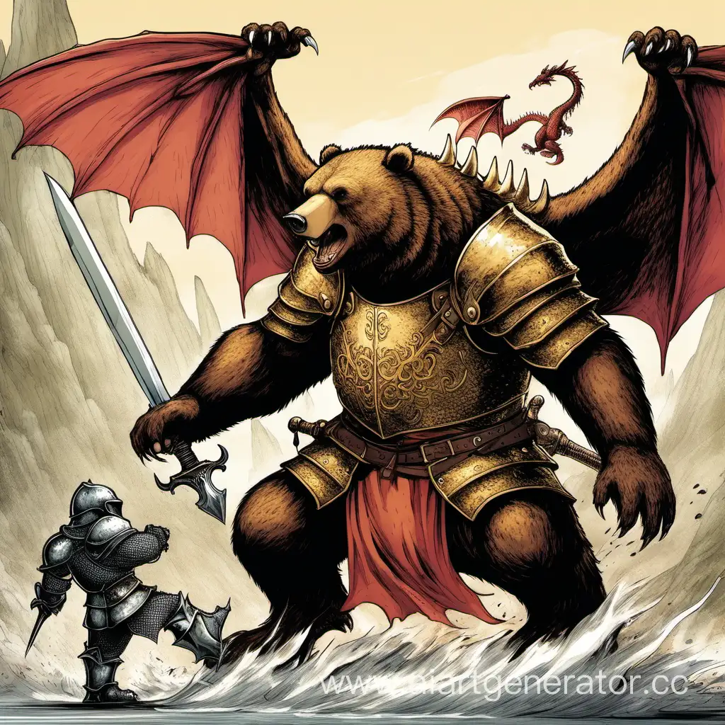Медведь рыцарь сражается с драконом