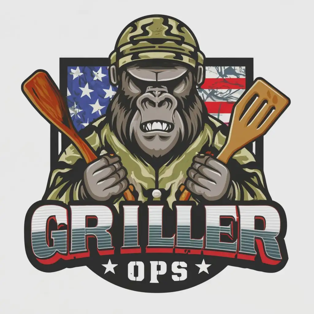 logo, military themed gorilla, with the text "GRILLER Ops", typography, spatula, correct spelling, American flag