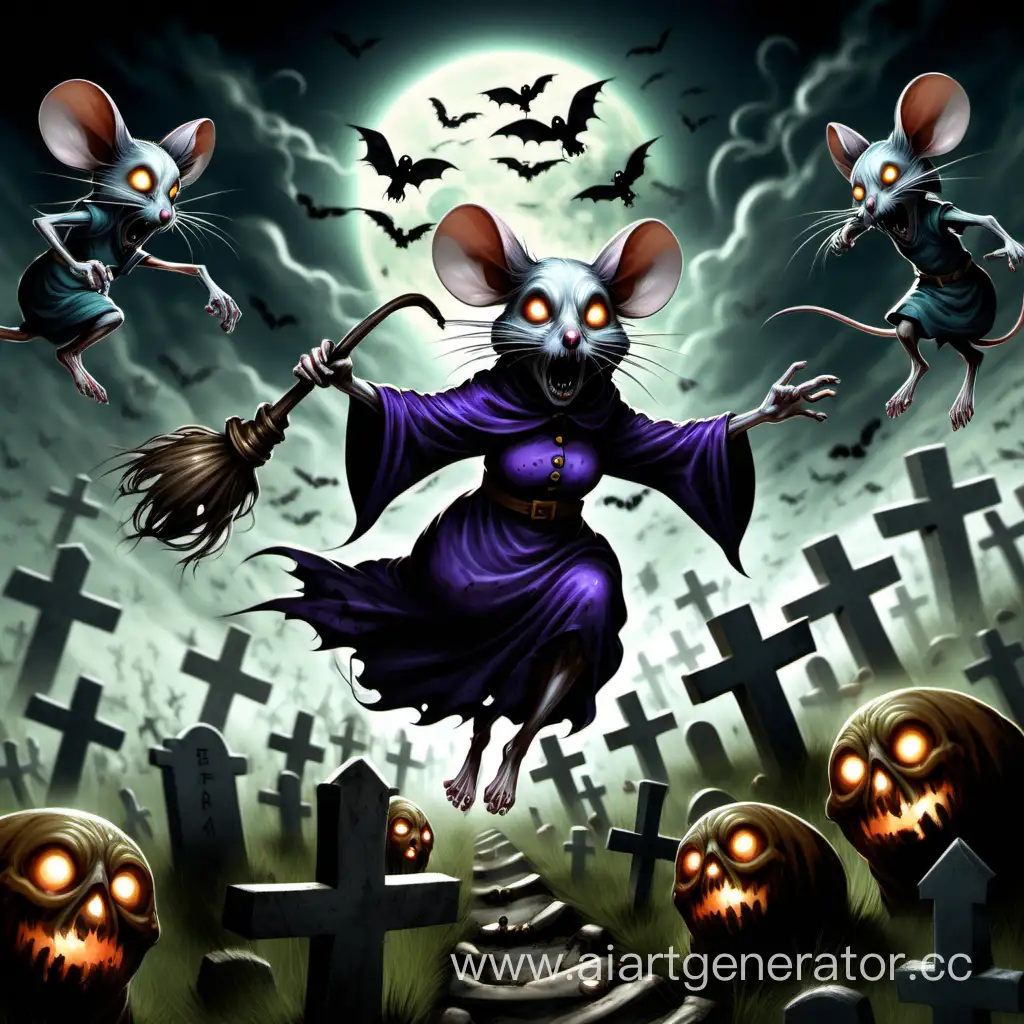 Мышка ведьма поднимает из могил зомби вокруг летают призраки