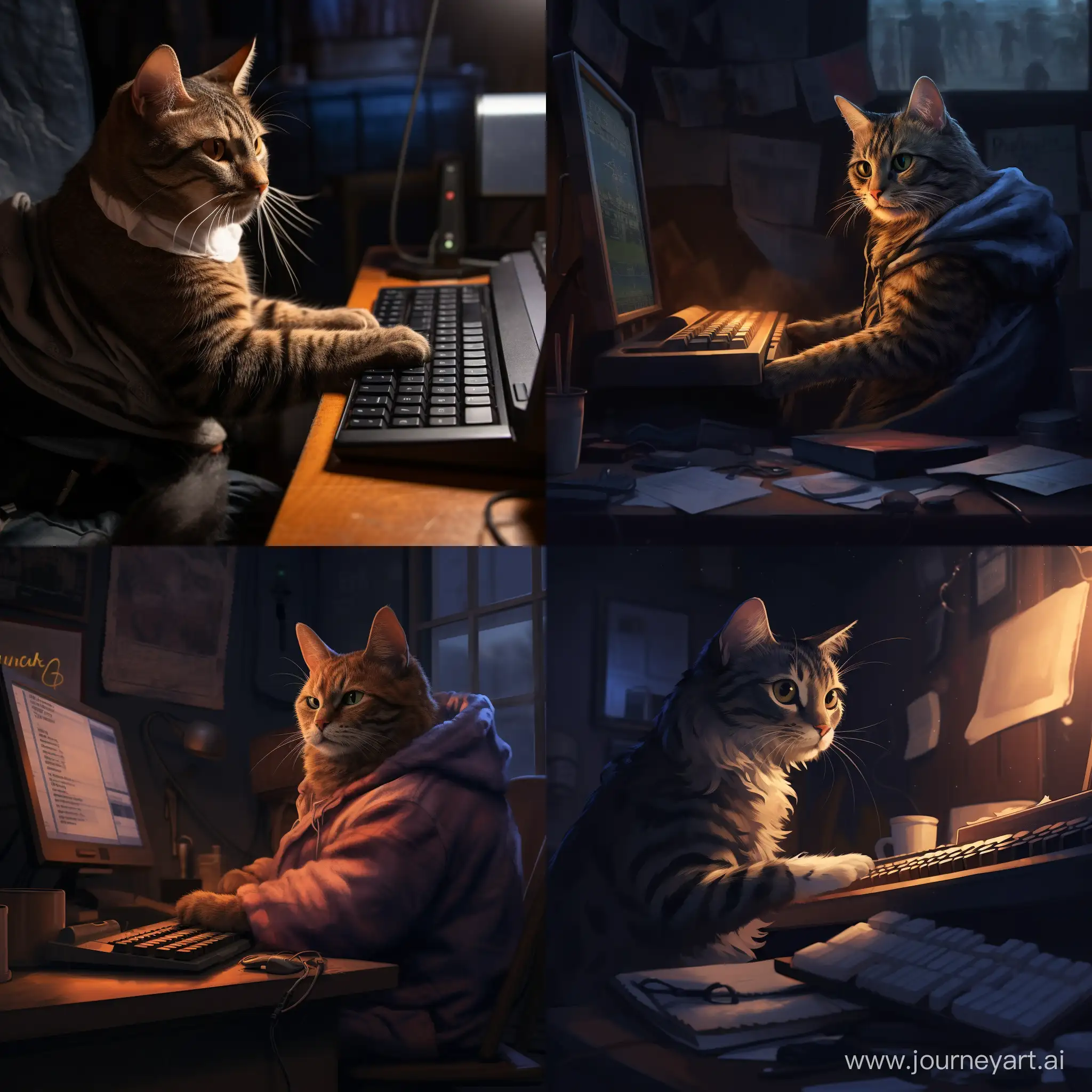 a cat sitting on a computer keyboard in a very dark room