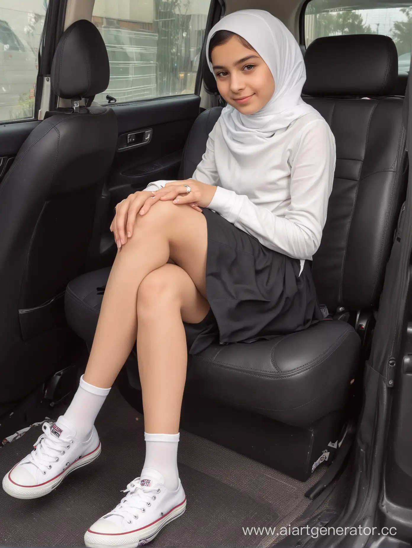 A little girl, 12 years old, hijab, mini school skirt, white short converse shoes, school uniform, black opaque tights, sits car seat, from side, top view, turkish