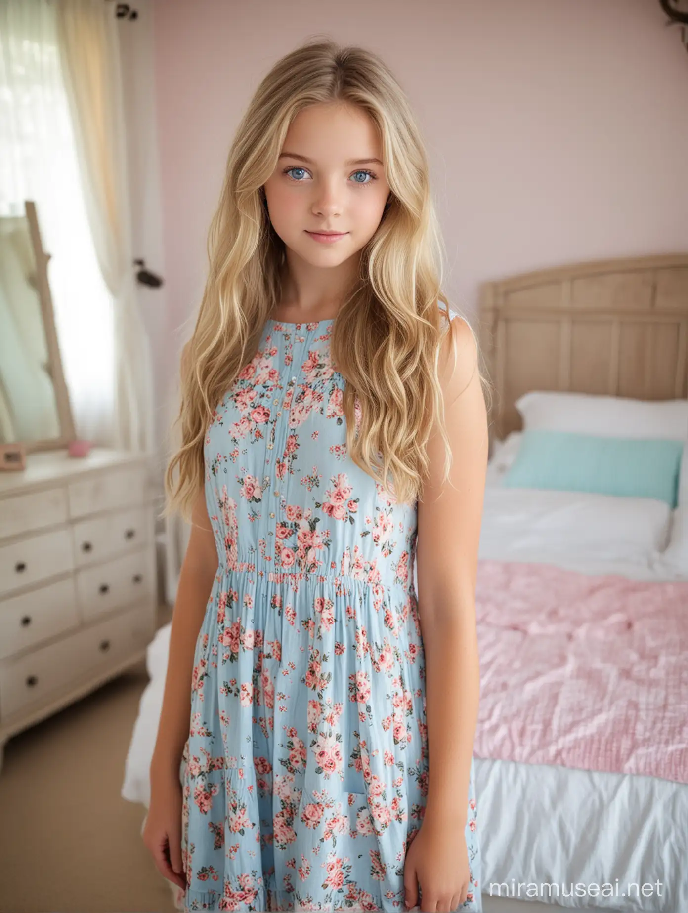 14 year old cute sweet long straight wavy blonde hair blue eyes extremely cute wearing a beautiful sundress in her bedroom full body full view cute bedroom 