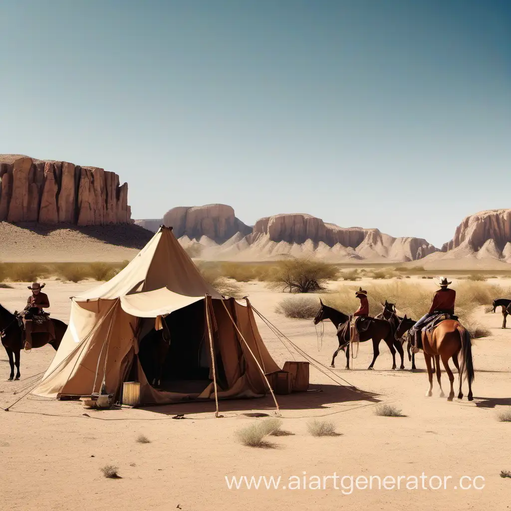 Ковбойский лагерь посреди пустыни с конями под открытым синим небом