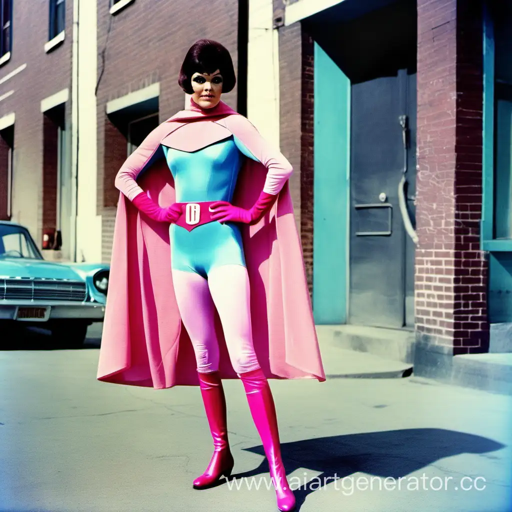 1966 superhero, actress, pink spandex, pink tights, light blue cape, pink gloves, pink mask, light blue boots, dark short hair, color photo street,