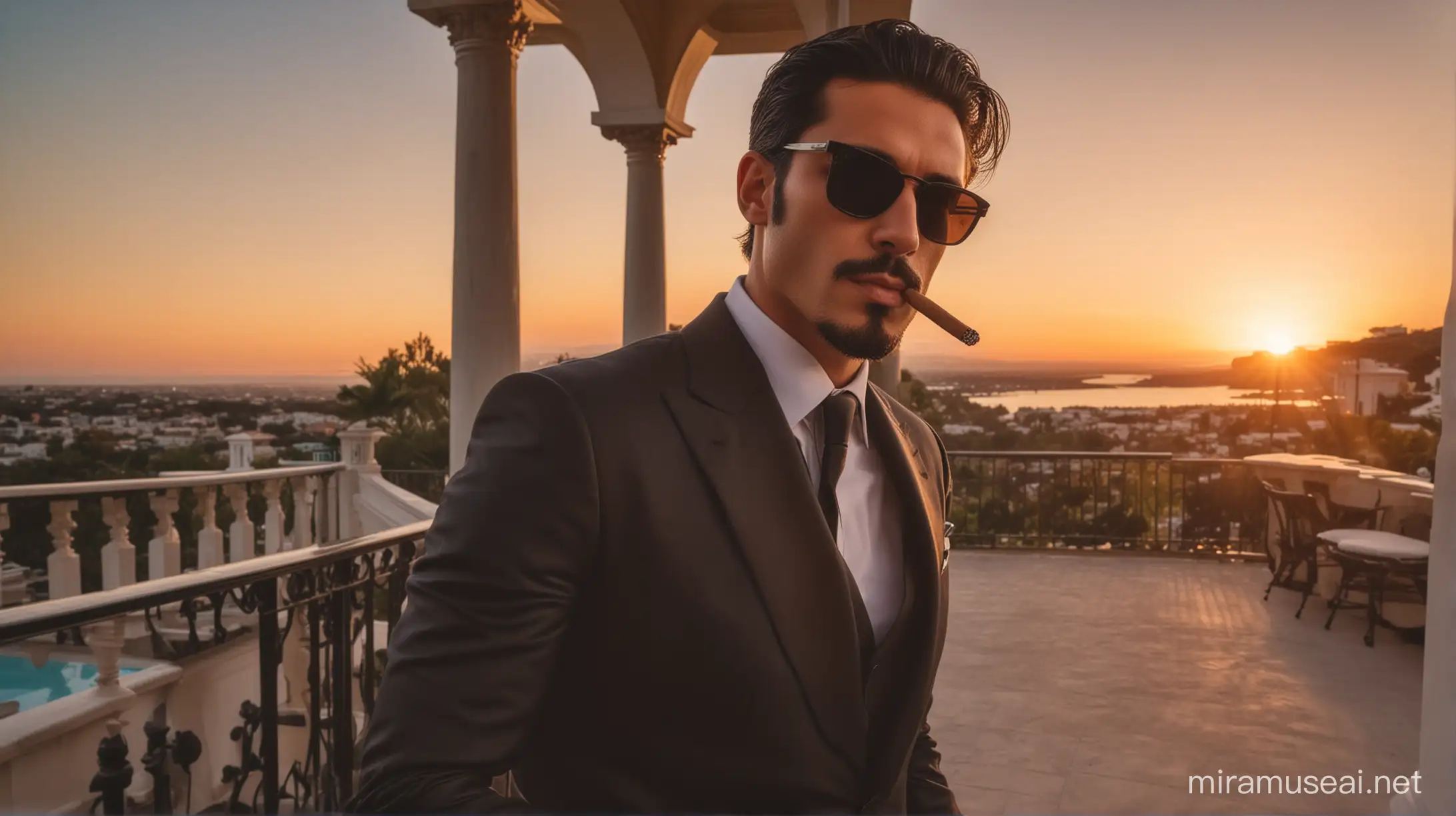 A handsome, wealthy man wearing a suit, black sunglasses, black hair and a light beard, smoking cigar, alone and a sunset view in a mansion.
