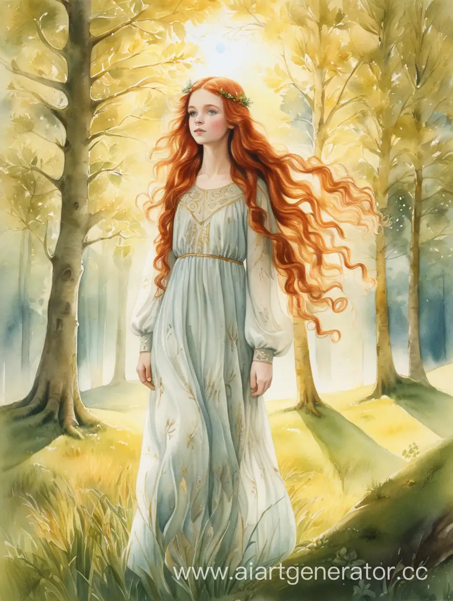 Slavic-Girl-in-Long-Red-Hair-and-Dress-with-Golden-Tree-and-Bright-Sun-in-Watercolor