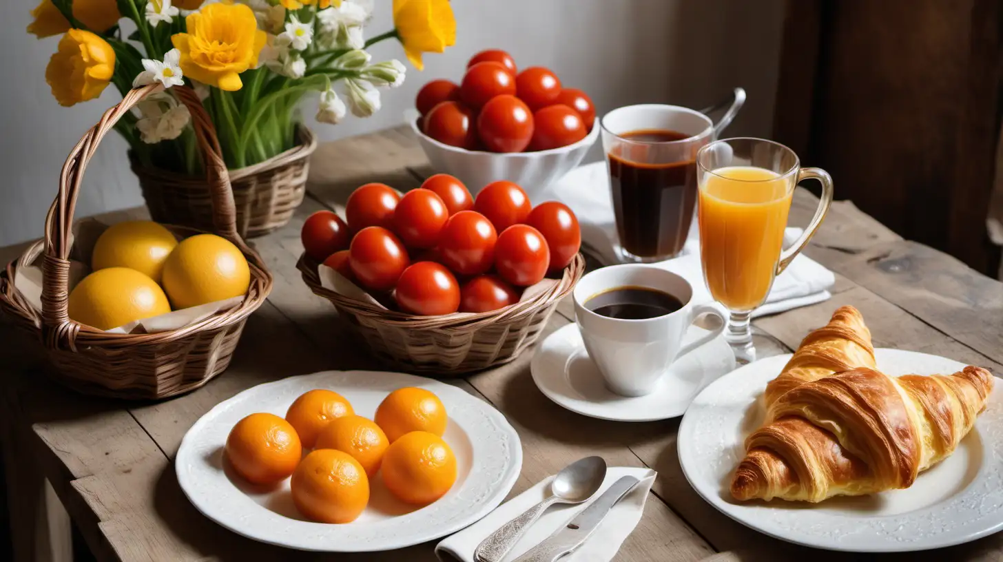 rustic breakfast  table.  cuttleries.  cup of coffe. glass of orange jus. omelette with tomatoes. spring flowers. basket with croissants.

