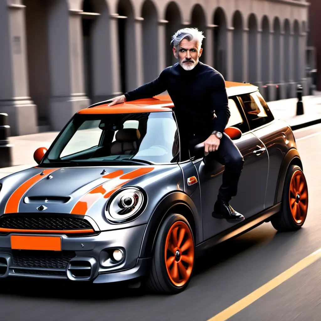 Stylish Silver Fox Behind the Wheel of a Mini Cooper