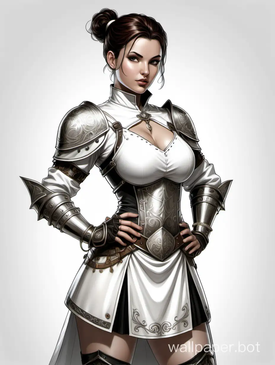Young Alica Smehova, light short hair with a bun, Italian girl white lightning mage, large size 4 breasts, narrow waist, wide hips, white leather short armor with a deep neckline with metallic decorations, skirt with metallic overlays, black and white sketch, white background, Victorian style