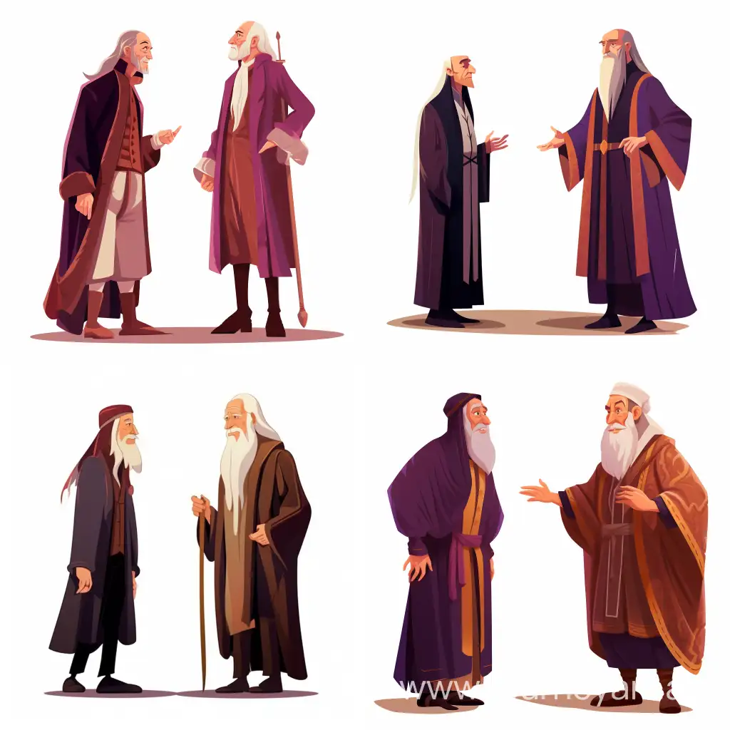 Albus Dumbledore, who looks like Richard Harris, is standing and talking to Professor Quirrell, who looks like Ian Hart on white background, cartoon style, illustration