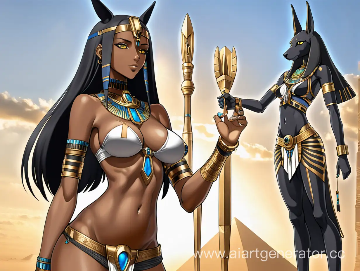 beaty anime girl with long hair black skin gold beautiful woman, ((, sun in the sky , FULL LENGTH PICTURE, full body visible, EGYPTIAN 1WOMAN, , skinny, perfect body, perfect breasts, (detailed face:1.3), TAN SKIN, anubis cyberpunk mechanical body parts spear in hand