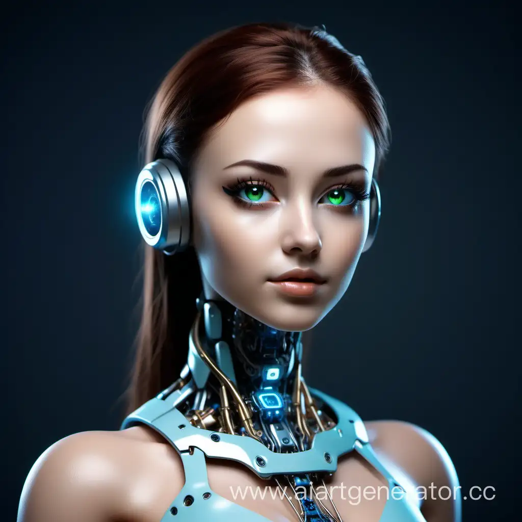 Robot girl, online assistant, personifying artificial intelligence in the form of a logo. I want to put it as the logo of the online assistant in the system. with feminine features, sexy, 18-20 years old and as futuristic as possible. with human elements such as hair, etc., without a headset or headphones. foreground. background is transparent. Without a background, the face should look straight at me, with the body turned slightly to the left. Large and beautiful prominent breasts. “Fox eyes” i.e. cunning but human eyes and long eyelashes. Plump lips. Brown wavy hair. one eye is blue, the other is green. The face is completely human. The face should occupy approximately 55-60% of the frame height. This is for an avatar in a chatbot. Robot neck and body.
