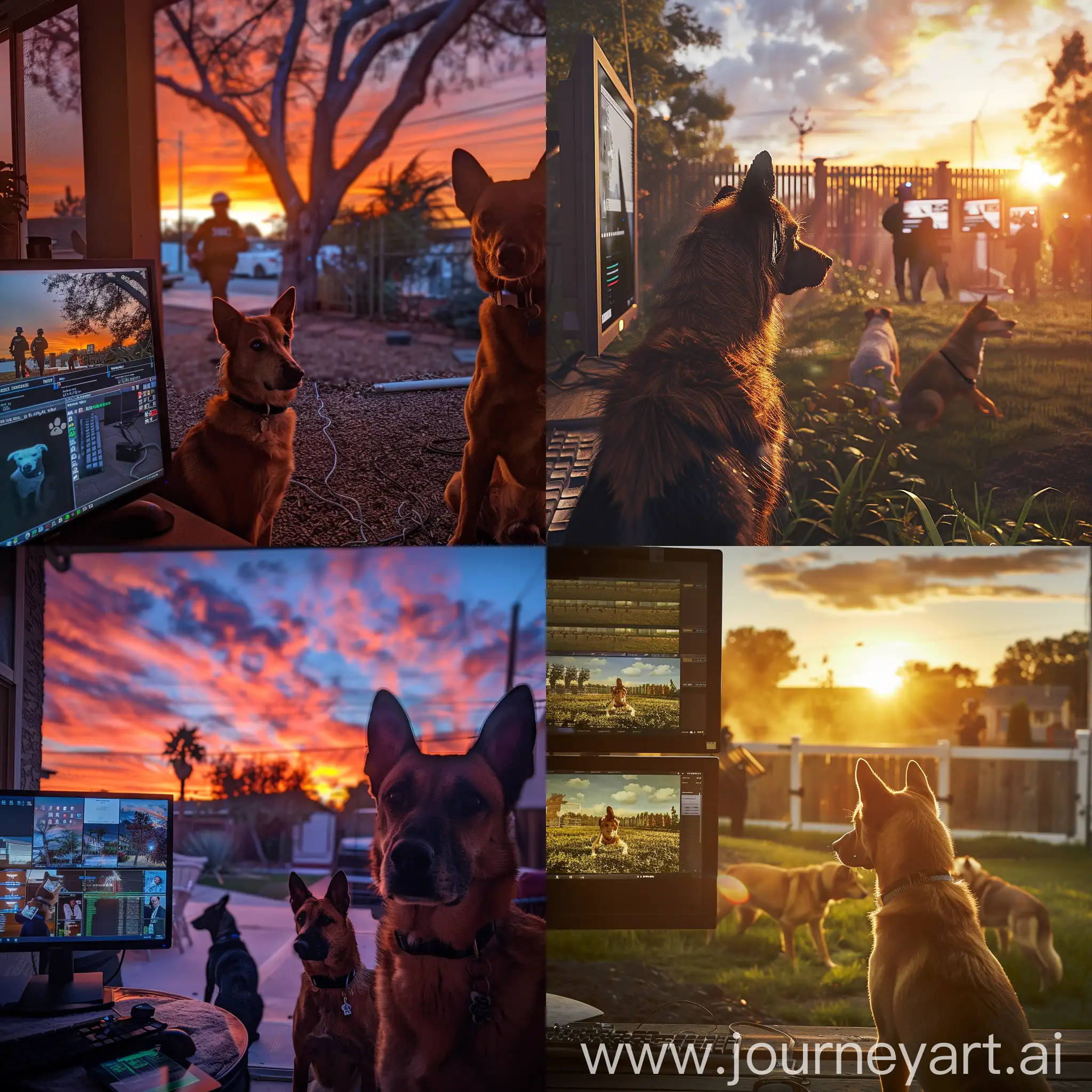 dogs in the yard, computer displays, security agents, sunset