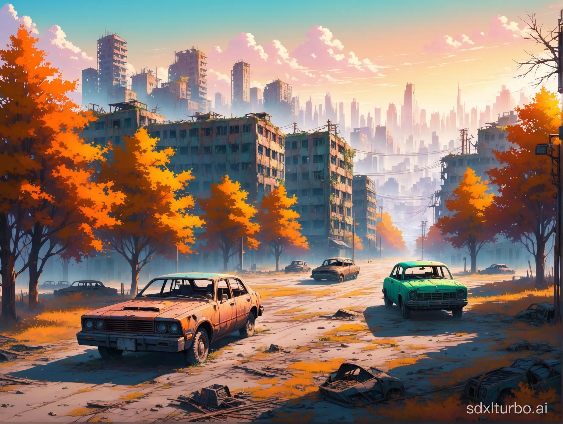 far away view of colorful post-apocalyptic city with trees and abandoned car