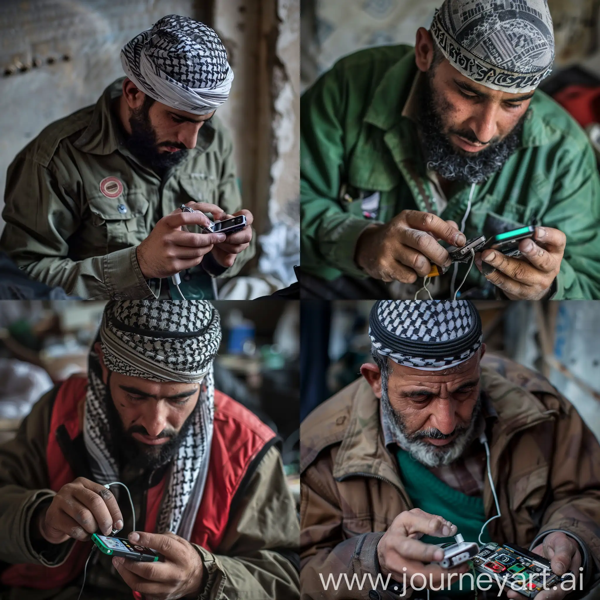 Abu Ubaida, spokesman for the Al-Qassam Brigades, repairs phones