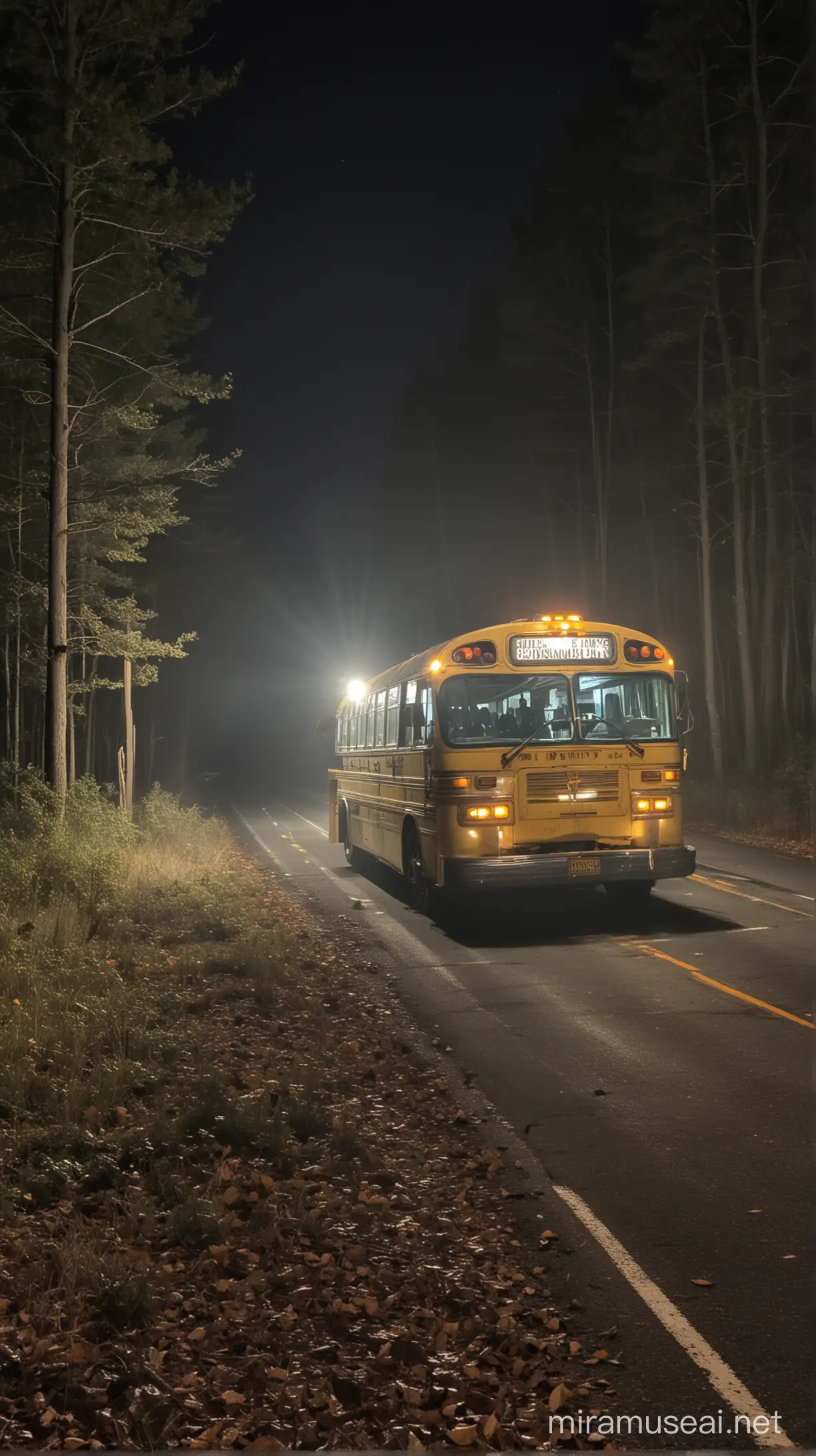Broken Down Pilgrim Bus Near Spooky Forest at Night
