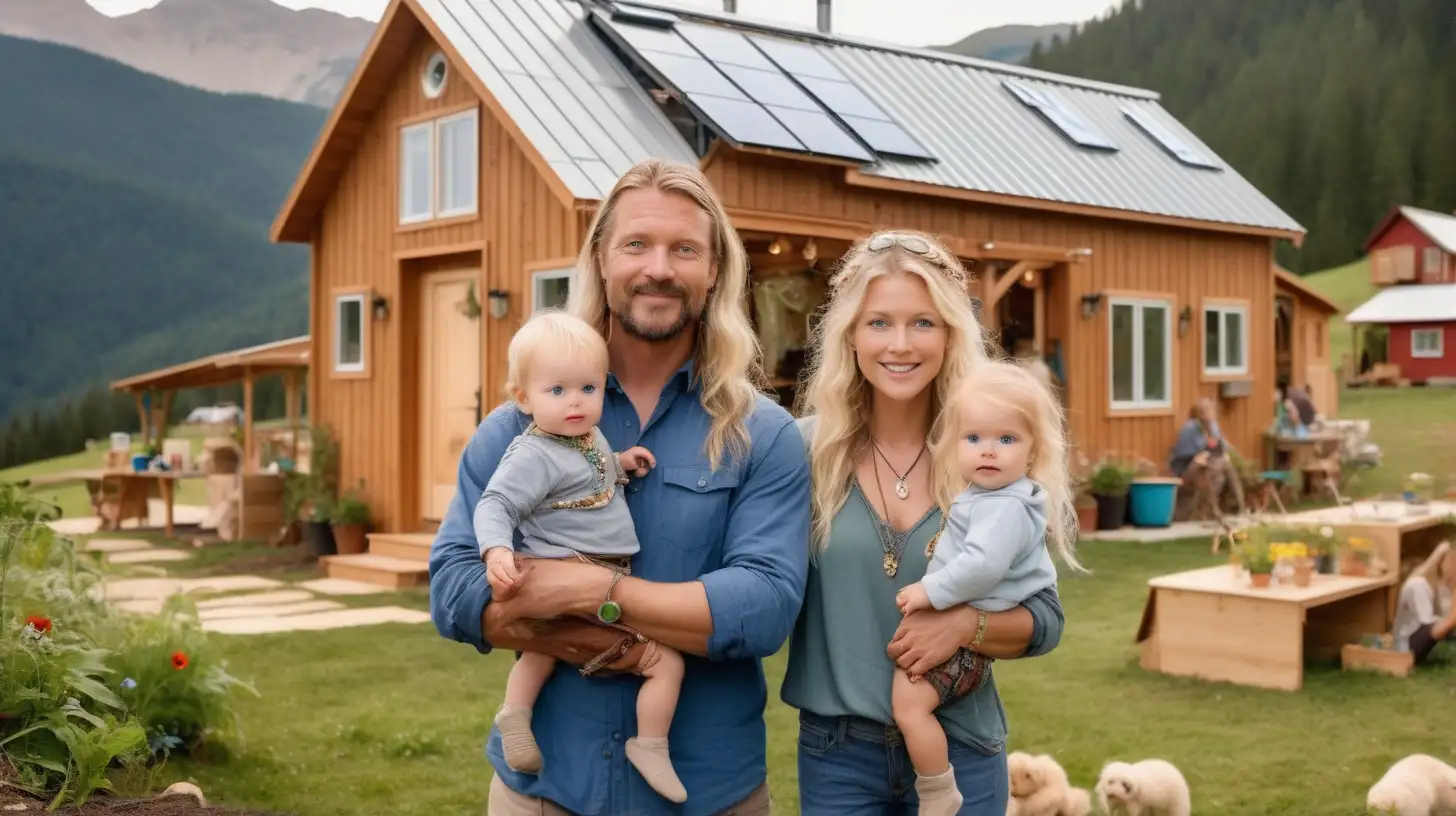 Family outside on their mountain farm. 
Large, communal center building with garage doors and cooking/living space
Bright, spacious tiny homes and greenhouses surrounding the building  
woman: light Blonde haired, light blue eyed, boho jewelry designer
Man: darker reddish blonde hair, blue eyed
Child: Adorable toddler 