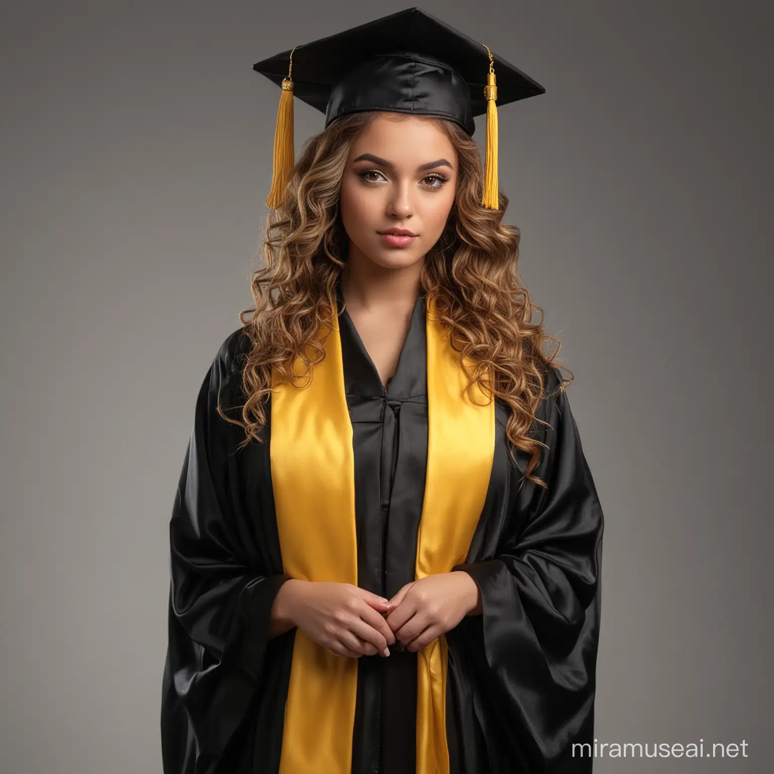 full body darksinmodel high school student wearing a black cap and gown wearing a yello stole professional photoshoot,glam makeup,curly hair,4k, studio lighting,textured hazel eye,ultra-detailed photorealism