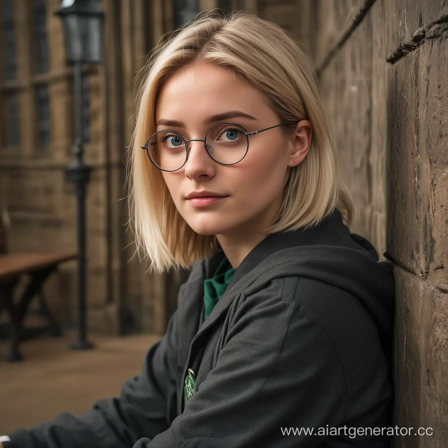 a girl from the Slytherin faculty, with blond short straight hair and blue eyes in gray thin semicircular glasses and an oval face, is sitting on a bench in the hallway of Hogwarts