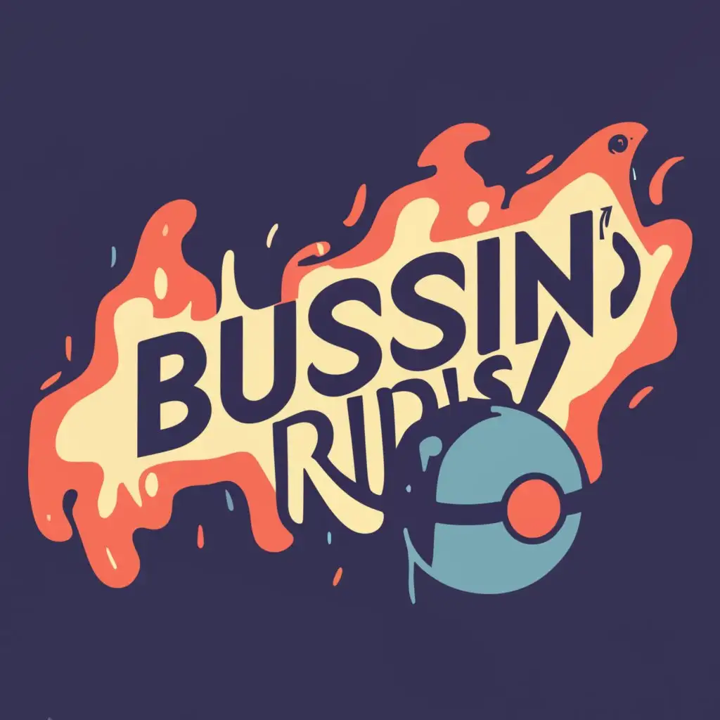logo, Pokemon Mr Mime, neon bright, TCG Cards on fire in background, pokeball, horror, dark background, with the text "Bussin Rips", typography
