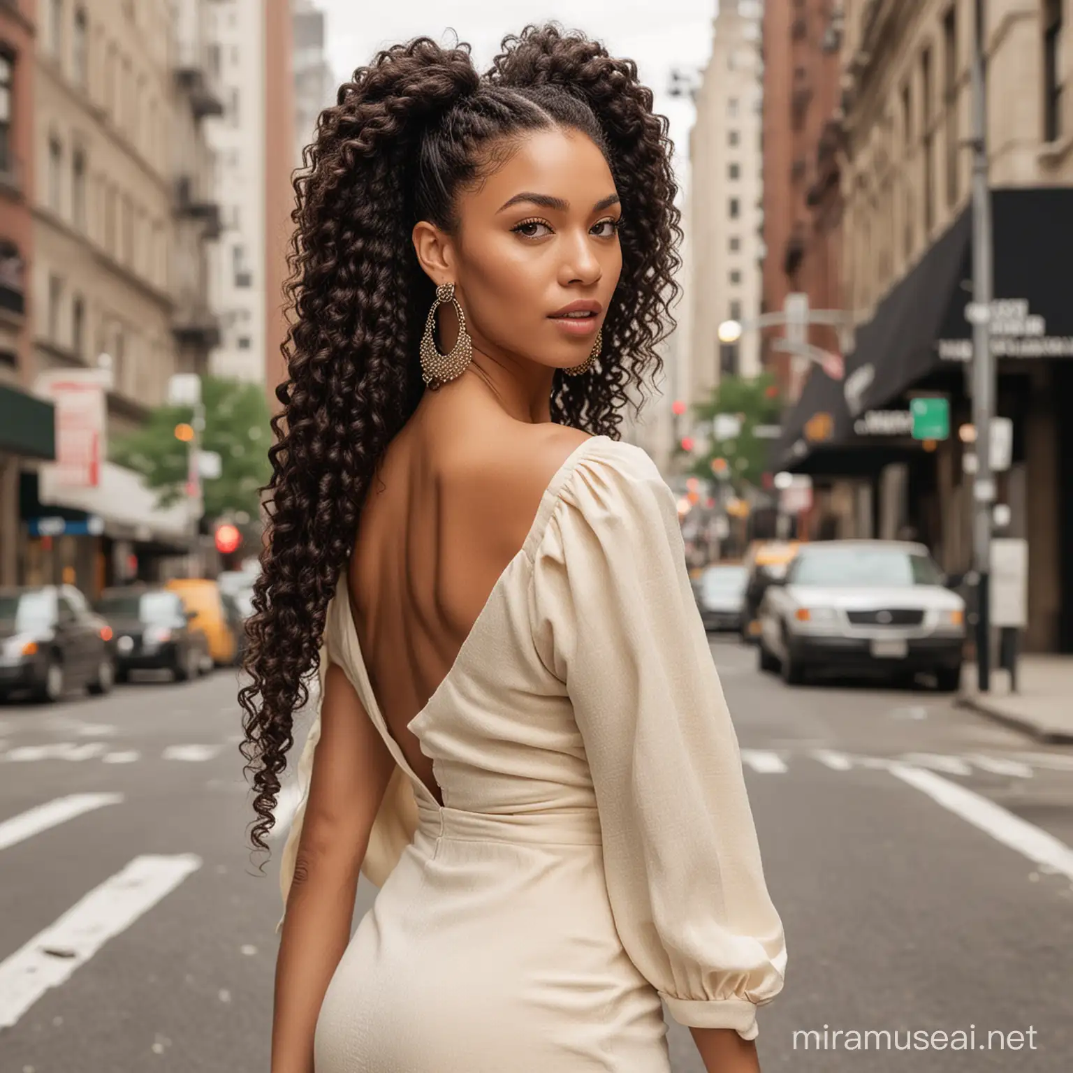 A real women model mixed race, long hair with a huge braid back hair, afro style professional photoshoot modelling small earrings, using a Channel´s brand dress elegant cream colors, front photoshoot looking the at camera, with NewYork street at background, medium shoot