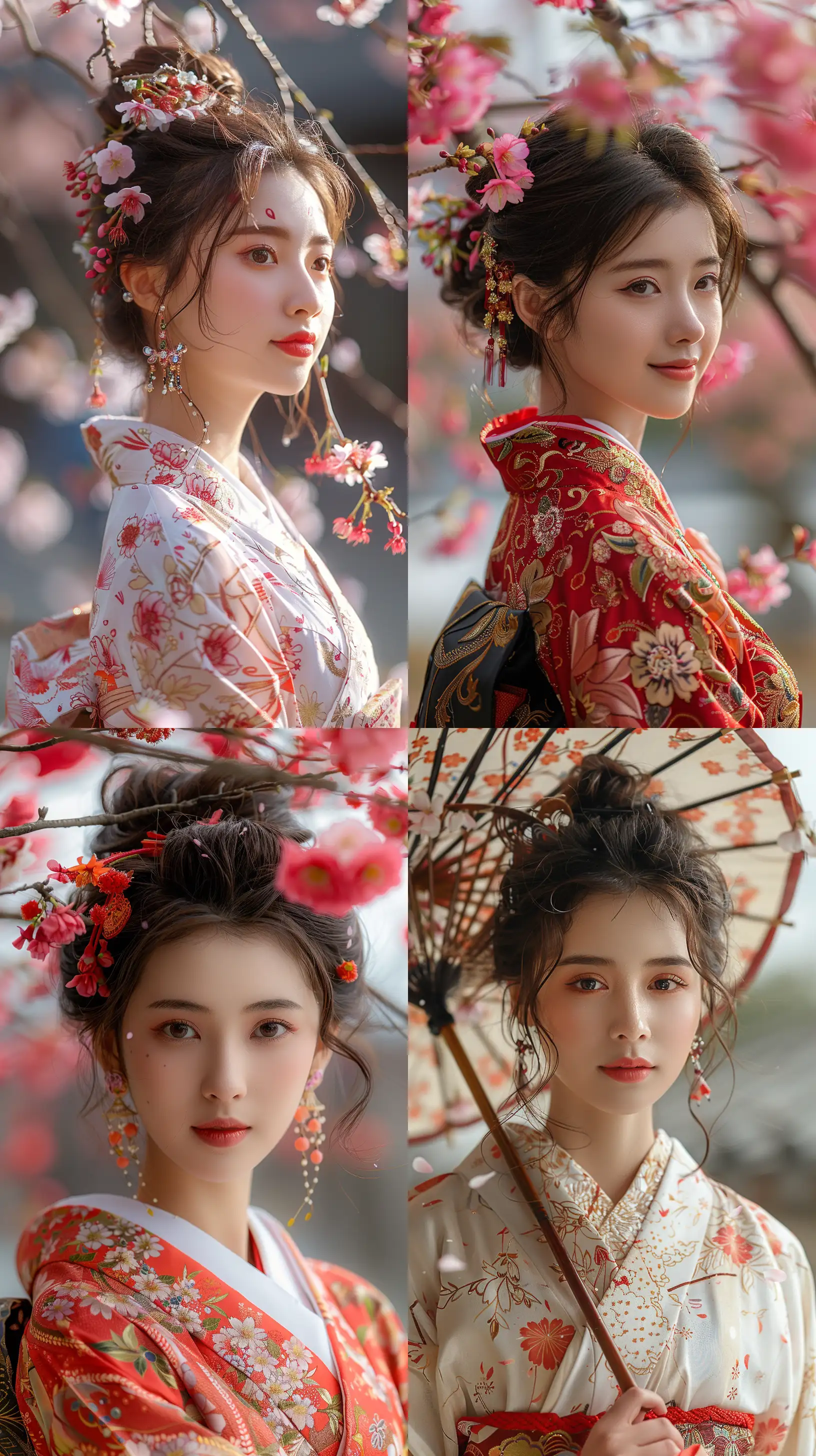a japan female student in traditional attire with cherry blossom --s 750 --ar 9:16