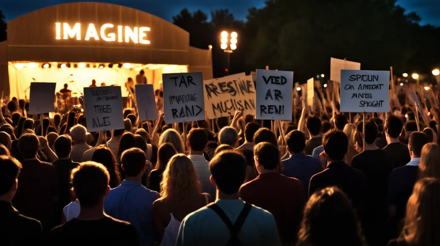 /imagine prompt: A realistic image of a dusk open-air concert with a handful of people standing close to a stage where a musician is in the spotlight. The crowd is small and attentive, some individuals hold blank, homemade signs on wooden sticks, waiting to express their messages. Created Using: dusk lighting, close-up crowd, musician spotlight, attentive onlookers, homemade signs, wooden sticks, expressive potential --ar 16:9 --v 6.0
