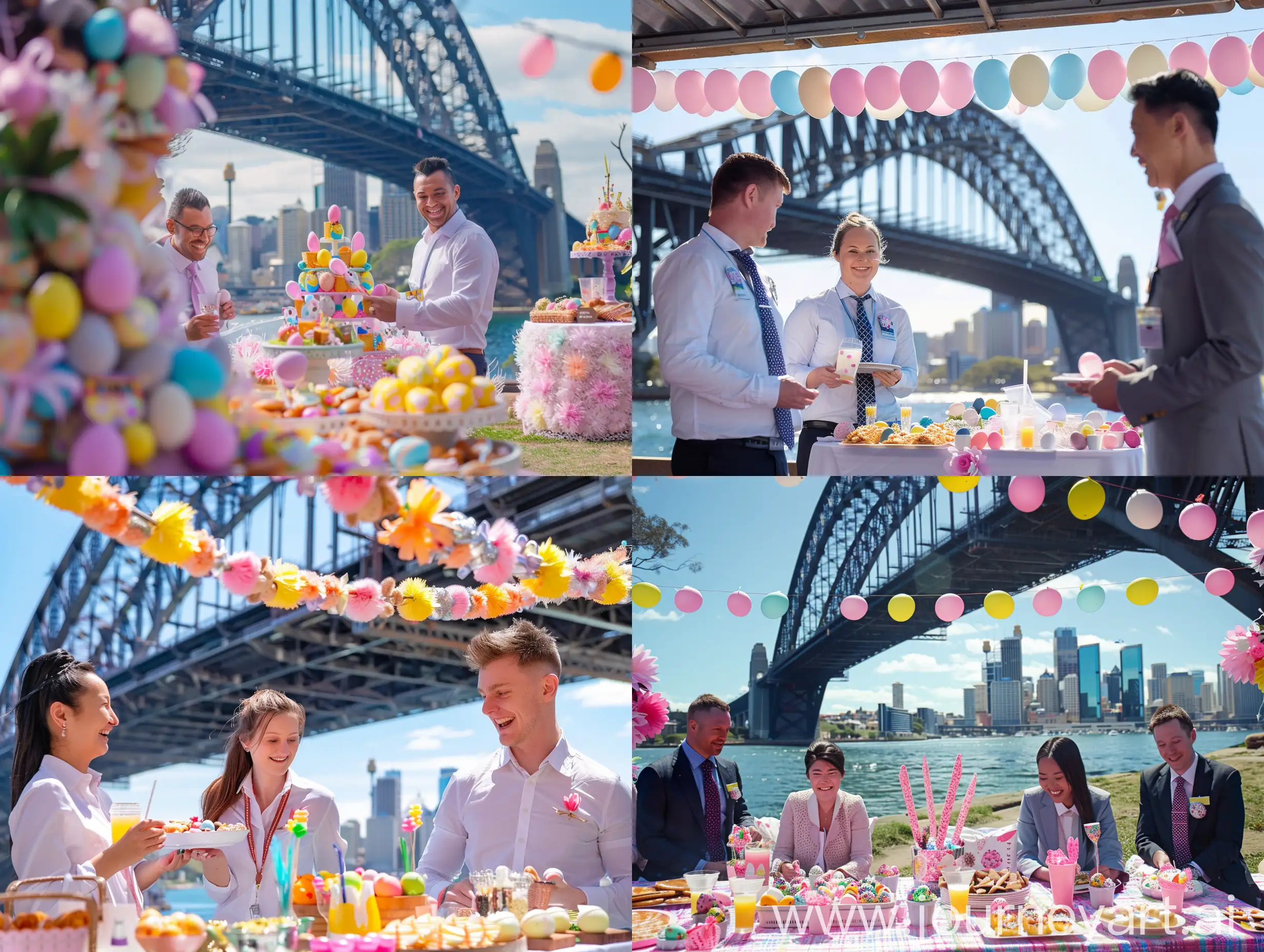 A decorated Easter party under Sydney harbor bridge with a few joyful international bank's staff, who are happily enjoying the snacks and drink.