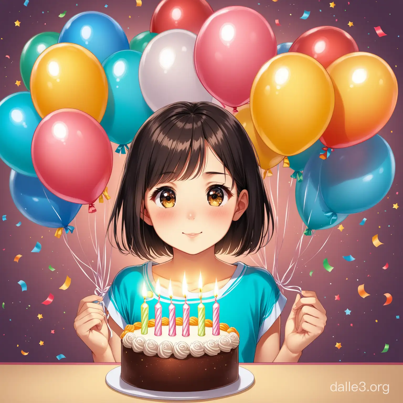 11 years kazakh girl with short dark hair has a birthday, there is balloons says Dana and cake with eleven candles