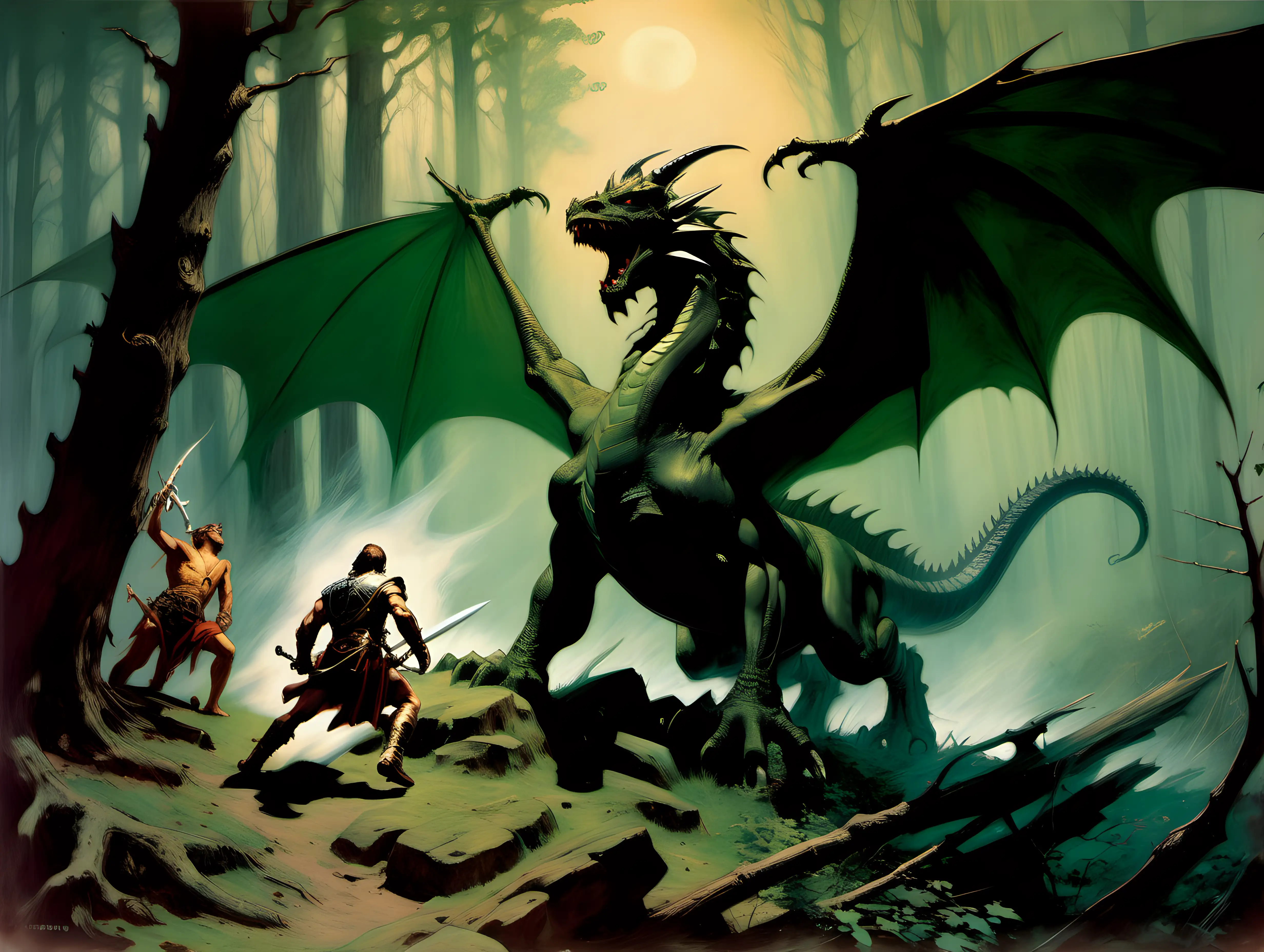 King Arthur Battling a Fierce Dragon in Sherwood Forest Epic Fantasy Art