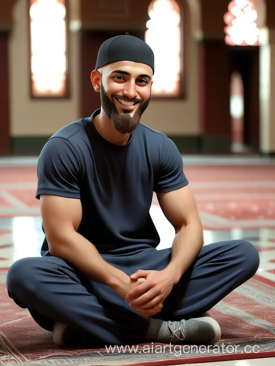 Smiling-Muslim-Man-in-Dark-Sportswear-Sitting-in-a-Mosque