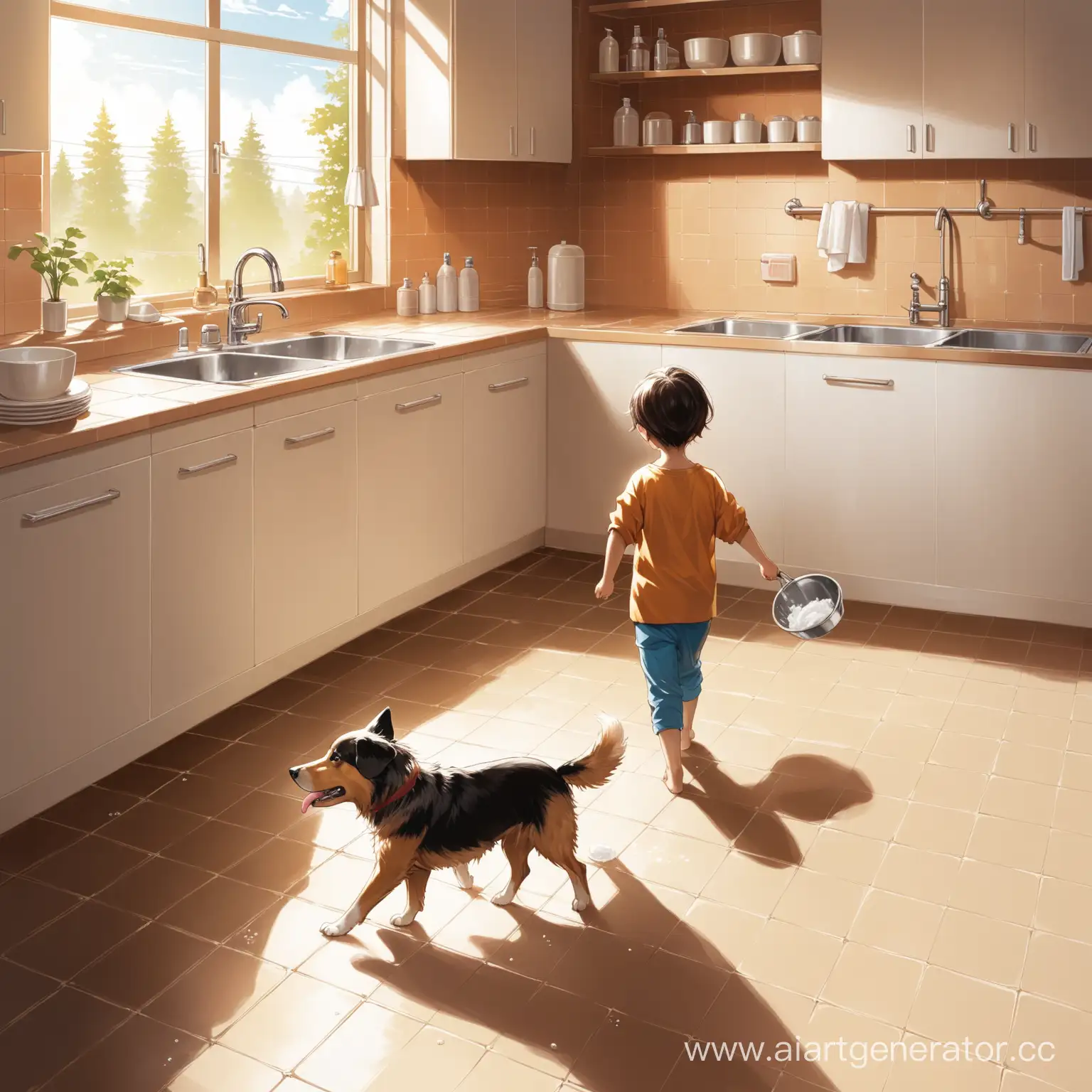 Child-multitasking-with-dishwashing-and-dog-walking