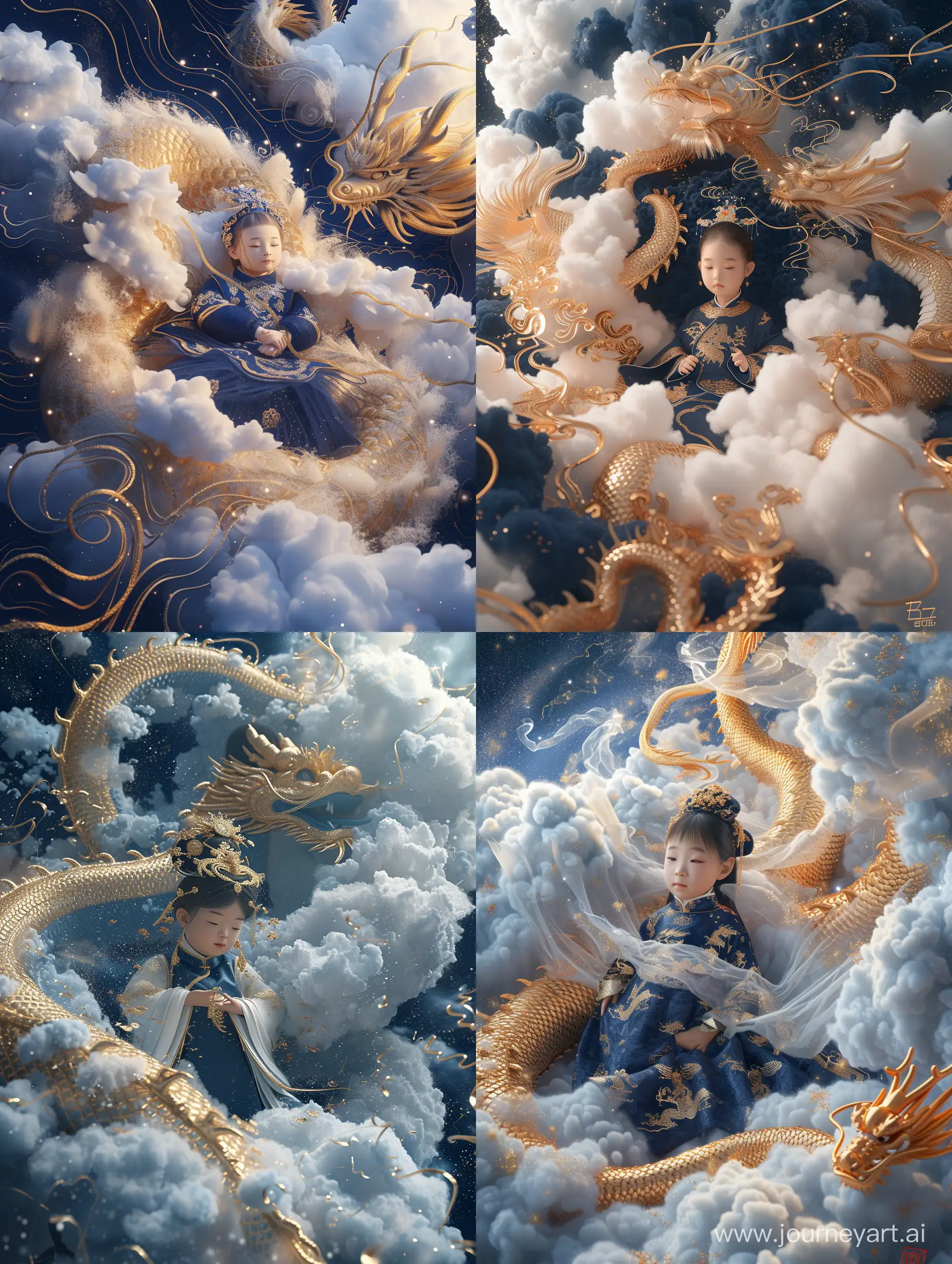 A 3-year-old girl dressed in traditional Chinese attire is surrounded by a celestial Chinese dragon resting on clouds. The scene is depicted in a mesmerizing color palette of navy blue and gold, with a touch of translucency and swirling textures reminiscent of cosmic art. The artwork is meticulously crafted, incorporating elements of anime aesthetics and fuzzy textures, resulting in a stunning 3D C4D render. This masterpiece is presented in 8K HDR for the best quality and showcases an ethereal portrait.