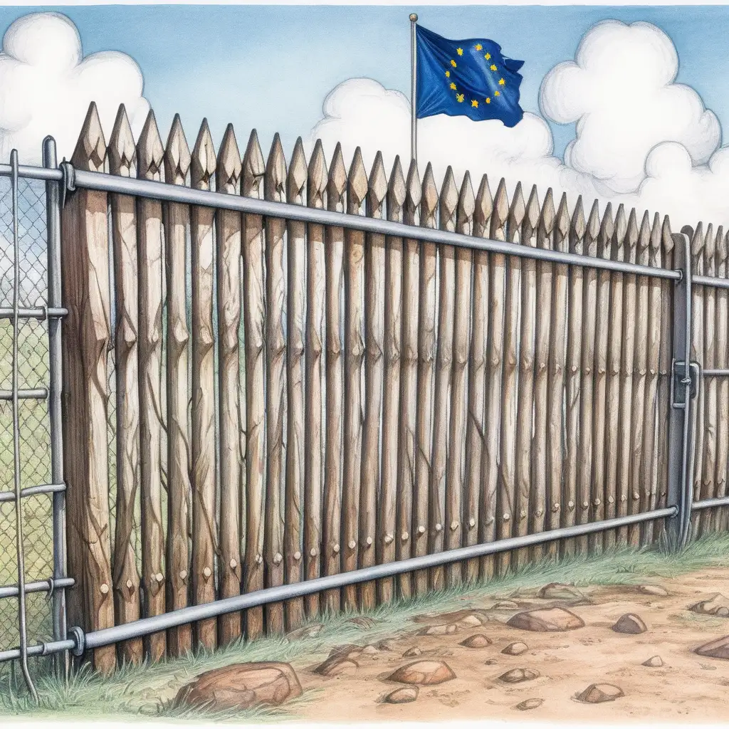 Create an image of a fence as border control in the EU. The image must be in the style of Matt Wuerker