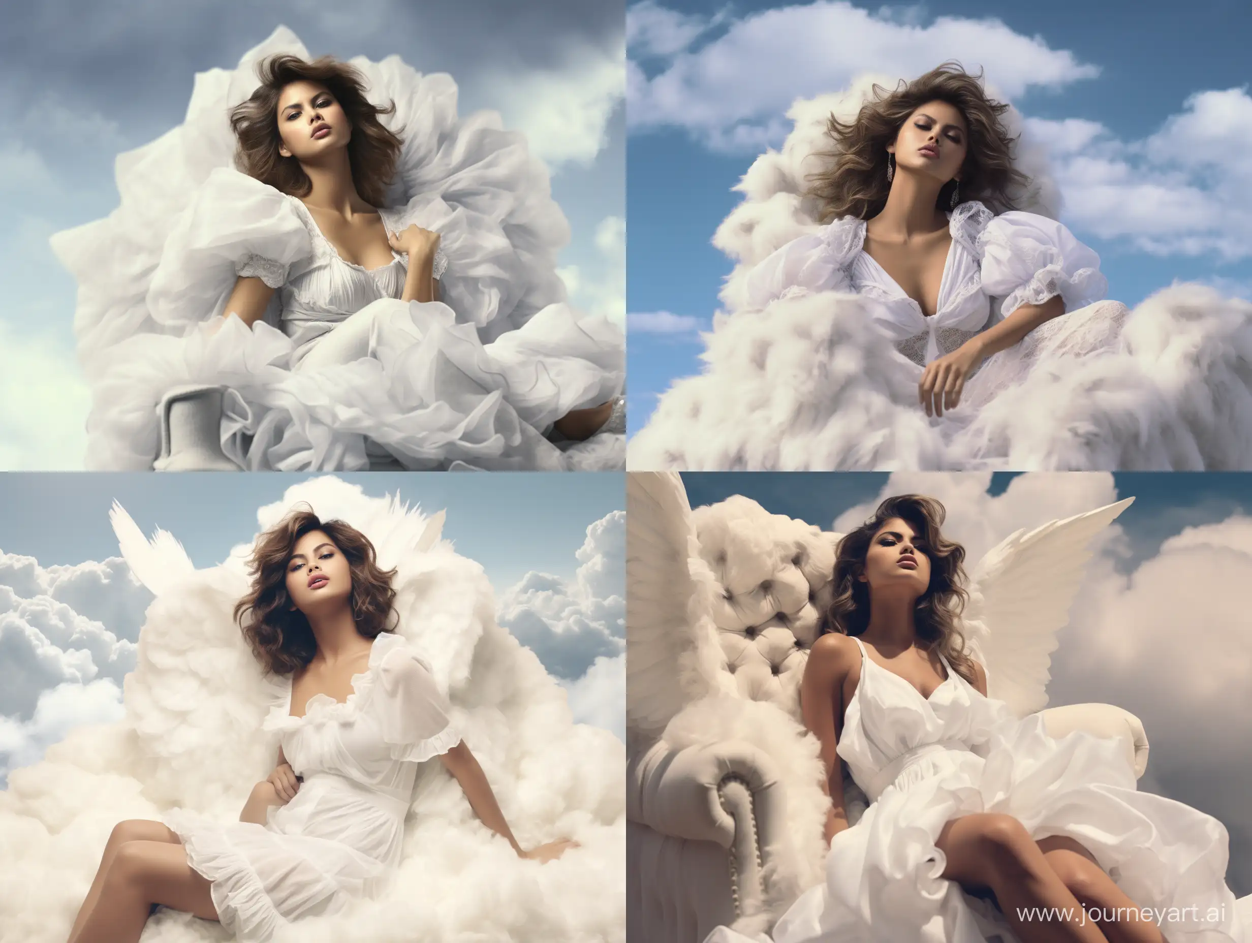 Selena Gomez dressed as an angel sitting on a cloud