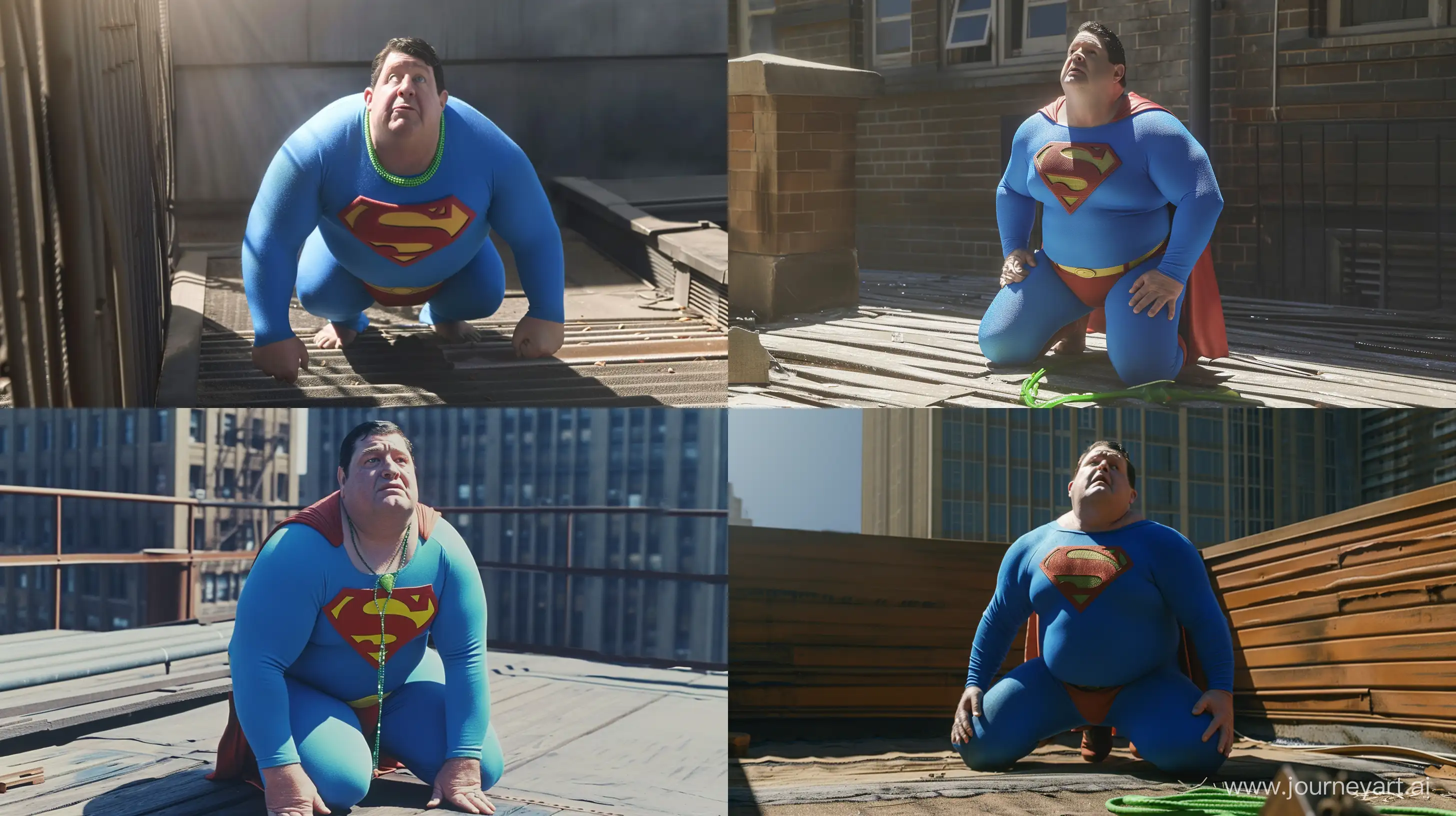 The photo has a man kneeling on the floor. He is a chubby man aged 70 wearing a full tight bright blue superman costume. He is on a rooftop in broad daylight. He wears a bright green necklace, high-quality, --ar 16:9 --v 6